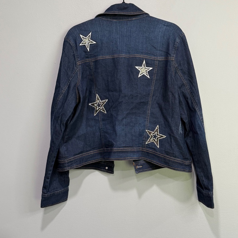 Sheryl Crow Womens Star Beaded Denim Jacket Dark Wash Distressed XL Blue - Picture 1 of 5